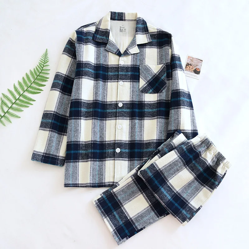 

Cotton Medium-thick Flannelette Large Plaid Men's Pajamas Spring, Autumn And Winter Large Lapel Thin Style Home Wear Long-sleeve