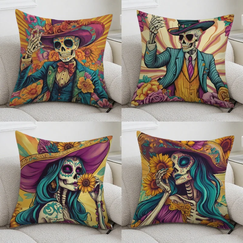 Festive Sugar Skull Boho Day of the Dead Printed Pillow Set of 4 Mexican Fiesta Cushion Covers Polyester Home Accent Decor