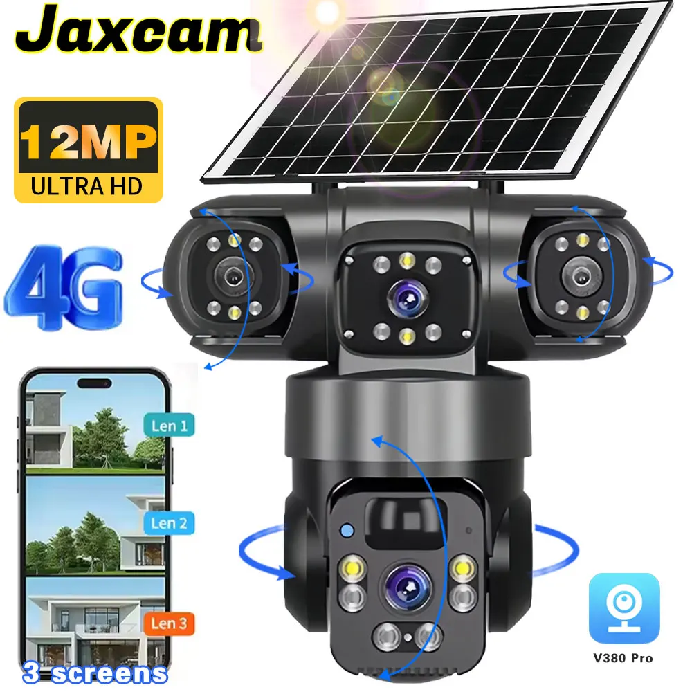 

12MP 3 Lens 3 Screen 4GSIM Solar Camera Outdoor Monitoring Wireless CCTV Security Video PTZ Security Solar Panel Camera V380 Pro