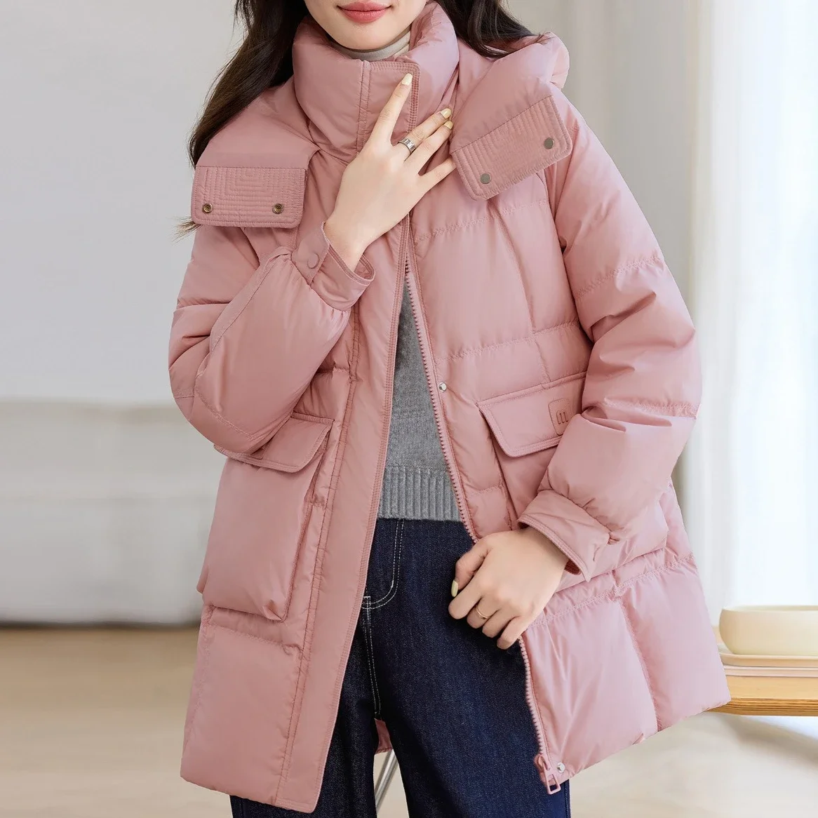 

Parkas Women Mid Length Coats Hooded Zipper Jackets Thick Warm Y2k Streetwear Elegant Jacket Work Casual Coat Autumn Winter