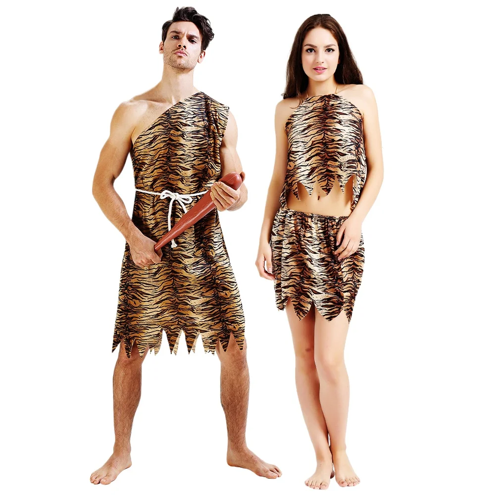 

Western Flintstones Aboriginal Costumes Couple Tiger Skin Savage Primitive Cosplay Funny Performance Halloween Sexy Stage Outfit