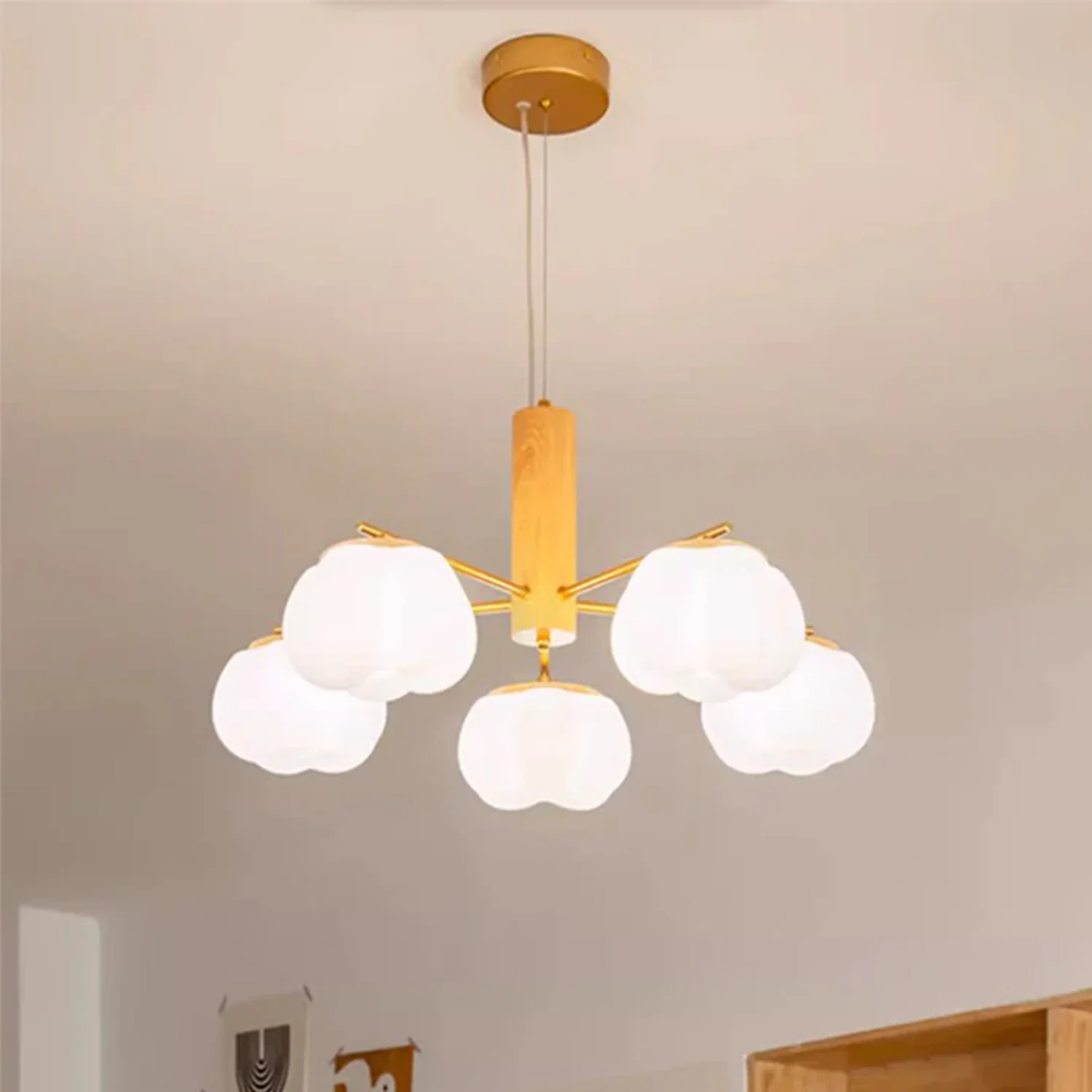 Luugaa Cotton Shaped Chandelier Wood Cream Style Modern Minimalist Living Room Dining Room Master Bedroom Room Lighting Fixtures