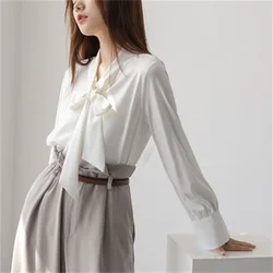 Ribbon Blouses Women Shirts Elegant Blouse for Women Korean Fashion Shirts Chiffon Blouses Autumn Woman Blous V-neck Satin Shirt