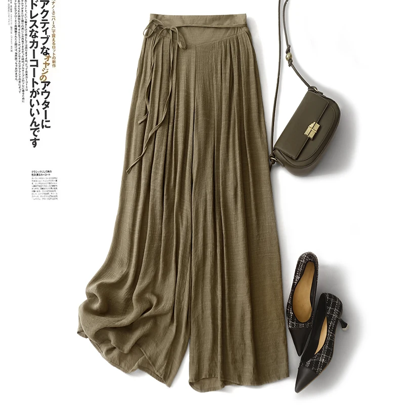   Calças de perna larga de seda de camada dupla saia feminina verão drapeado solto emagrecimento casual em linha reta calças de saia grande na moda