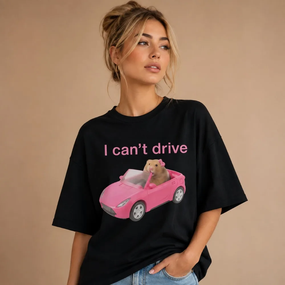 Fashionable “I Can Drive” Funny Hamster Print T-Shirt for Women Casual Short-Sleeve Harajuku-Style Streetwear T-Shirt