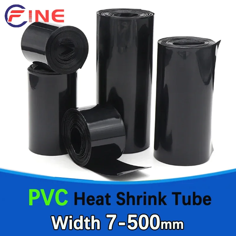 Black PVC Heat Shrink Tube Width 7mm ~ 500mm Insulated Film Wrap Lithium Case Protection Cable Sleeve