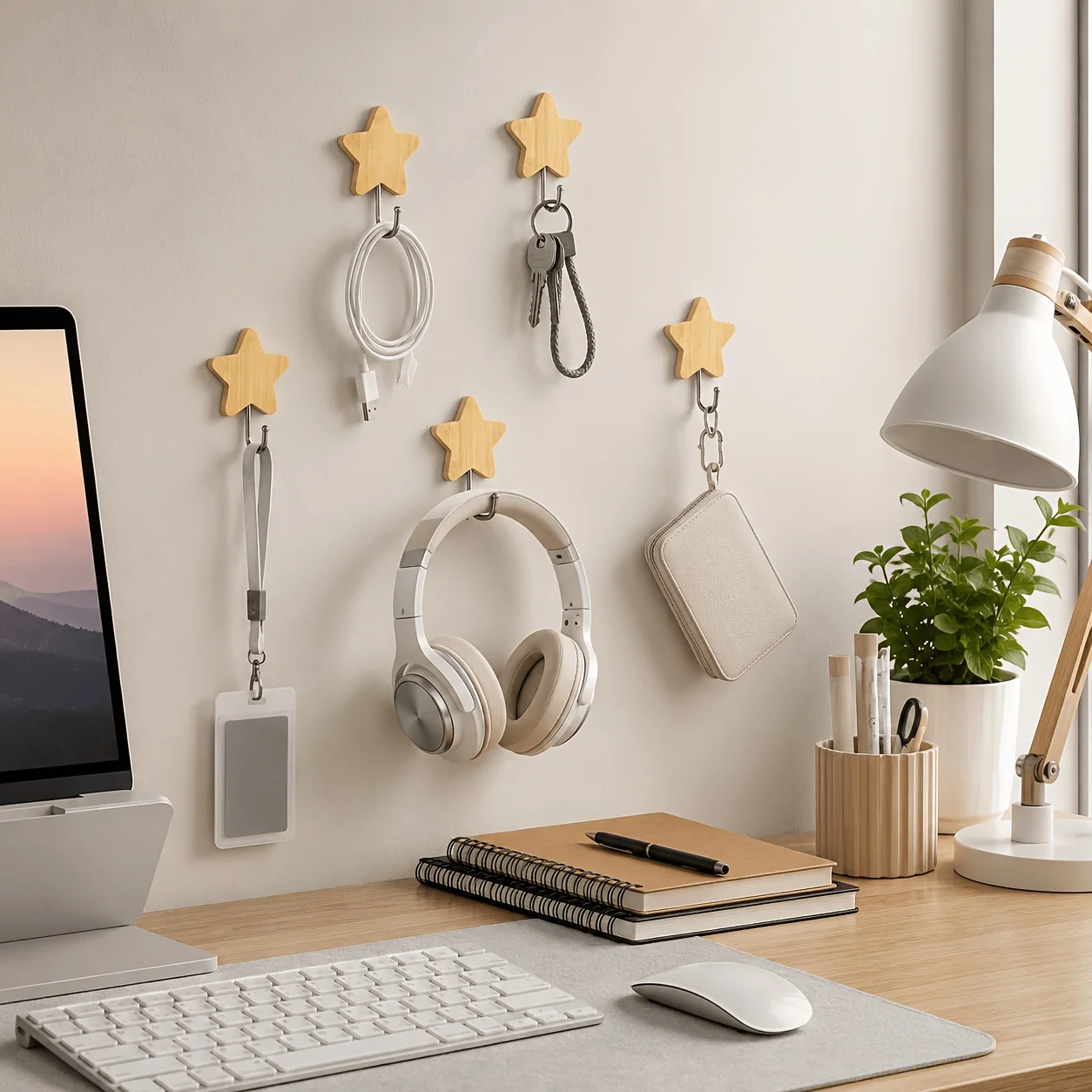 1Pc Self-Adhesive Wall Hooks, No-Drill Star-Shaped Wooden Hooks, Strong Sticky Wall-Mounted Hooks for Home Bathroom Office