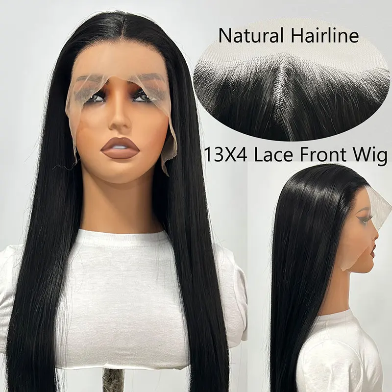 

Jet Black Straight Synthetic 13x4 Lace Front Wigs Glueless Heat Resistant Fiber Hair Natural Hairline For Black Women Daily Use