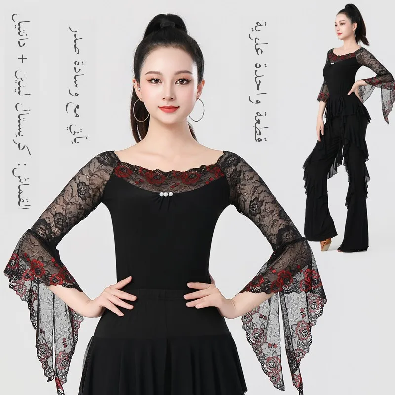 ラテンダンスパフォーマンス衣装-レースモダンダンス-スリーステップスタンプ-ソーシャルダンス-ギターンダンス服-フレア袖付き