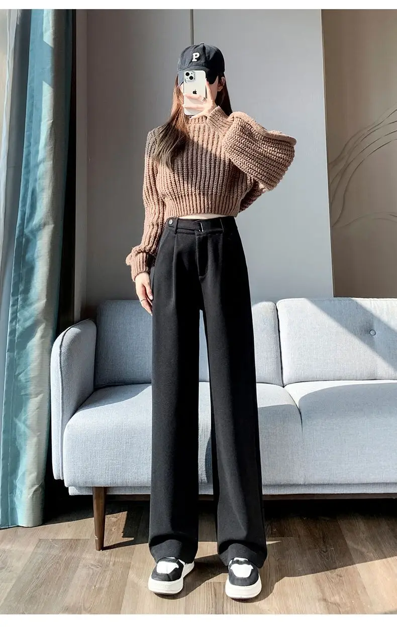 Brown Woolen High-end Suit Pants for Women in Autumn and Winter 2023 New Narrow Version Straight Wide-leg Pants with Drape