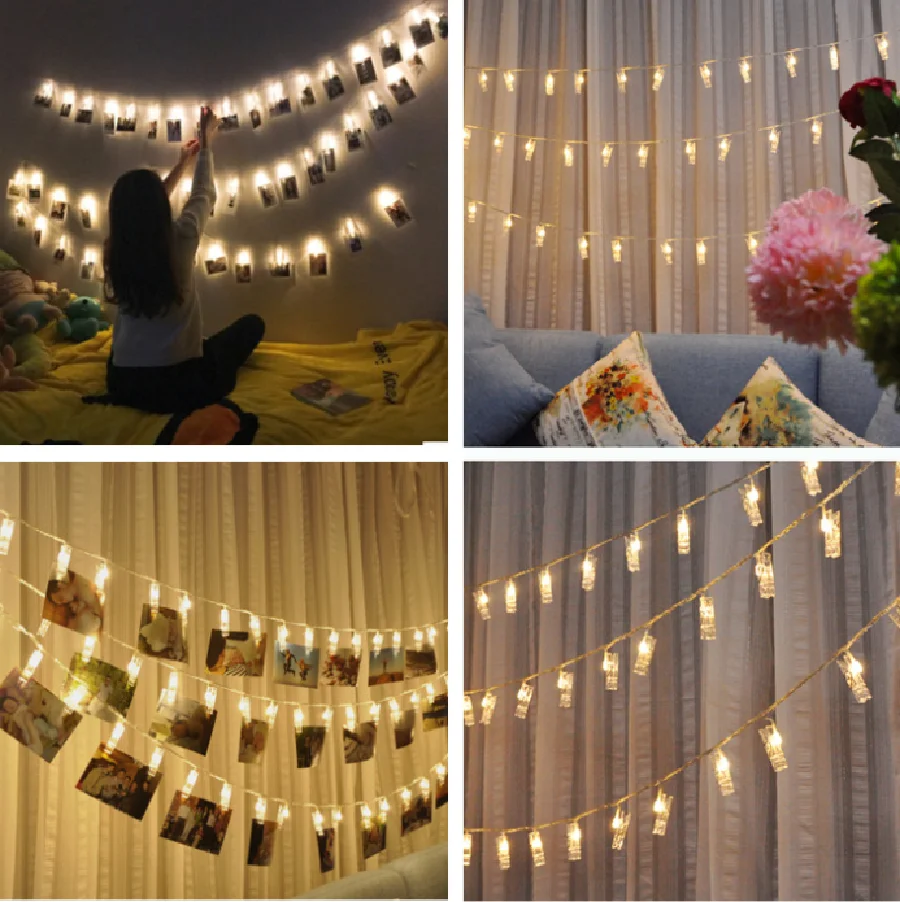 Bateria/USB Powered LED Photo Clip Holder Fairy String Lights Natal Garland Lights para Birthday Party Wedding Holiday Decor