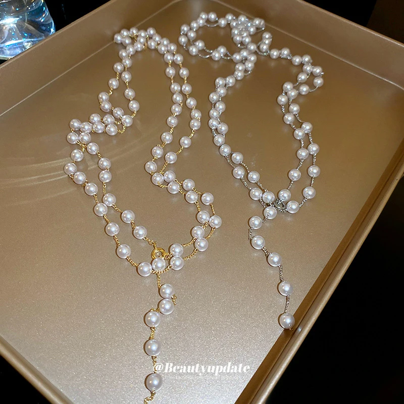 Artificial Pearl Bead Necklace Layered French Vintage Style Autumn Winter Sweater Chain Light Luxury High-End Dignified Jewelry