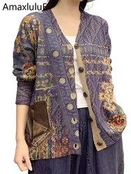 Amax luluE 2025 Fall Korean Design Knitwear Womens Vintage Printed loose Cardigans Ladies V-neck Fashion Warm Oversized Sweaters