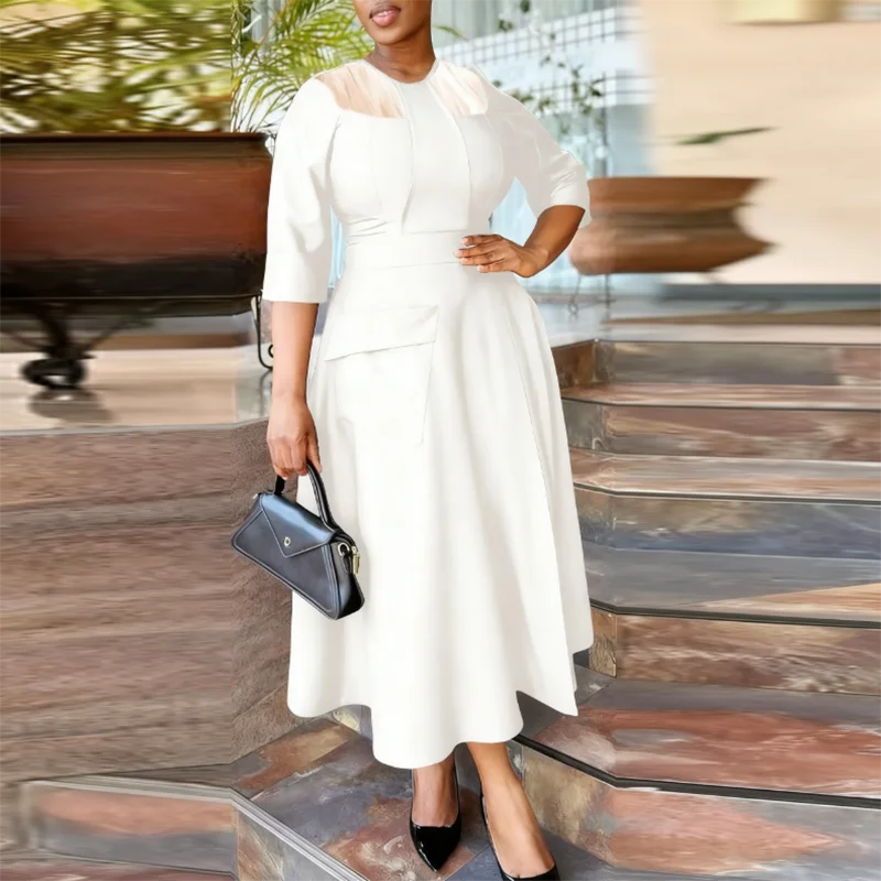 2025年トレンド　Oネック半袖ワンピース　秋　エレガント　メッシュパッチワーク　ハイウエストロングワンピース　カジュアルポケット付き　無地Aラインワンピース