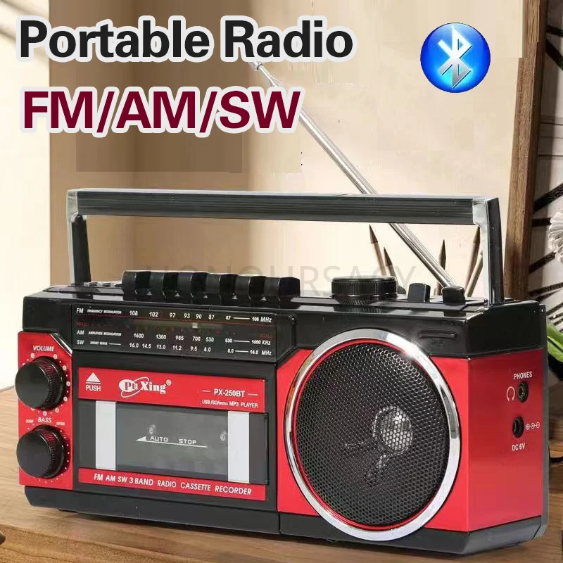 

Portable Cassette Recorder Radio Bluetooth Enabled USB TF Card Supported 3Band FM AM SW Strong Signal Clear Sound