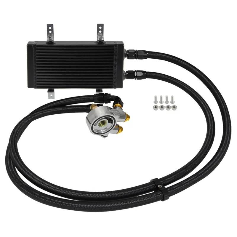 قضيب ولوحة تمرير مزدوج صغير مع طقم مهايئ مرشح ترموستاتي 80 درجة مبرد زيت أسود 9.5 بوصة × 5.5 بوصة × 1.58 بوصة كور