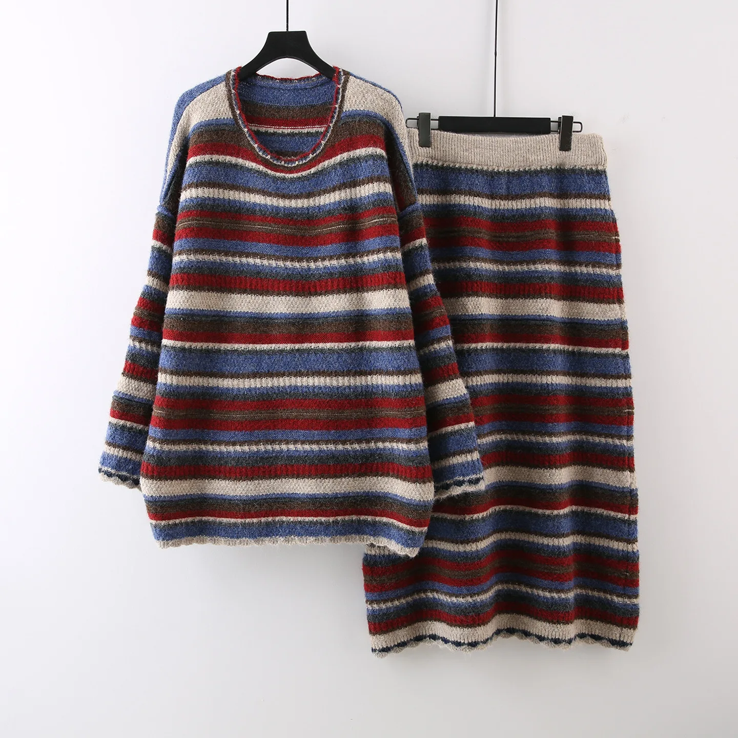 ZAMOR Women 2026 Winter Loose Thick Color Block Striped Knit Sweater and Skirt Casual Two Piece Set Outfit