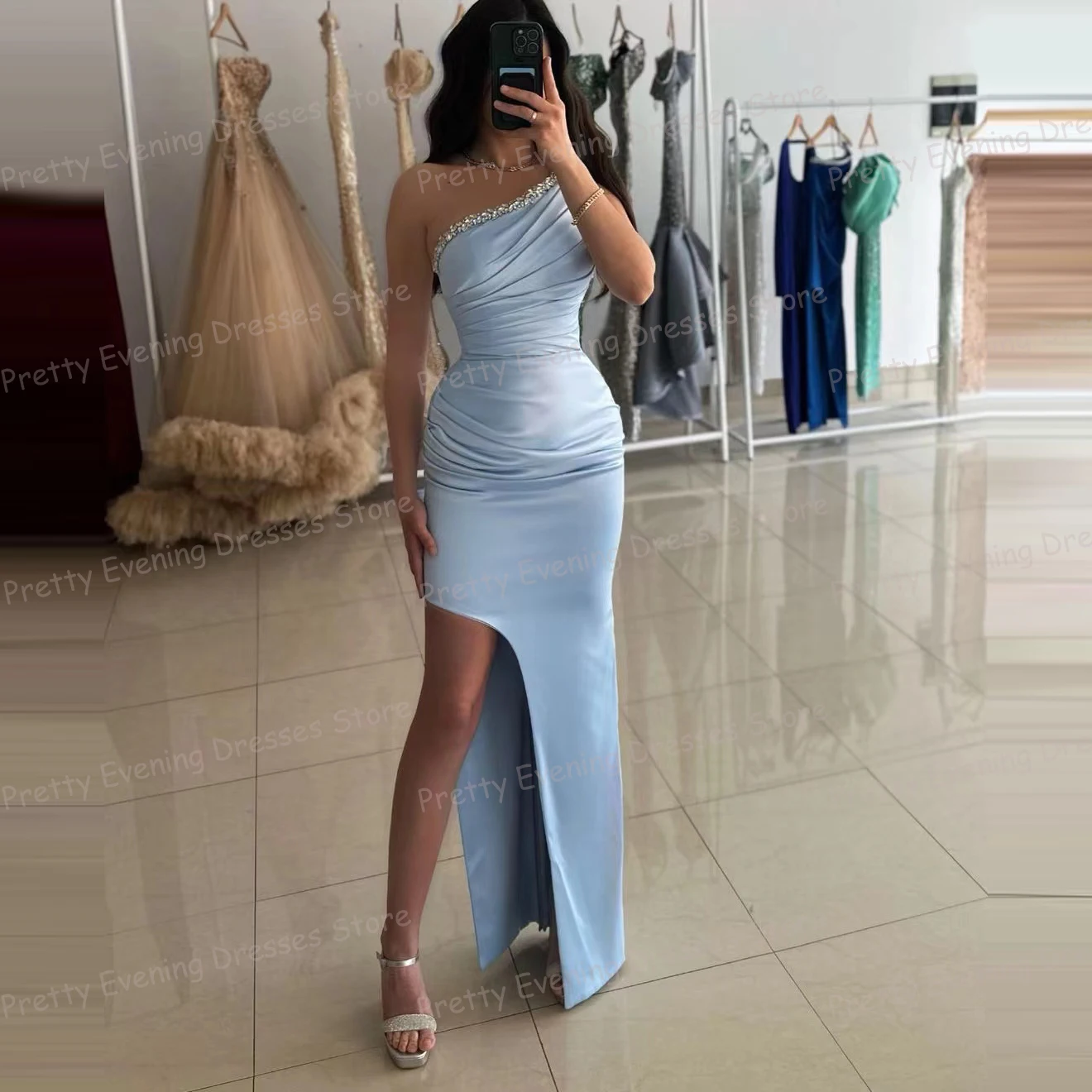 Simple Mermaid 2024 Evening Dresses Woman's Sexy High Side Split Prom Growns Sequined Sleeveless Celebrity Formal Party Vestidos