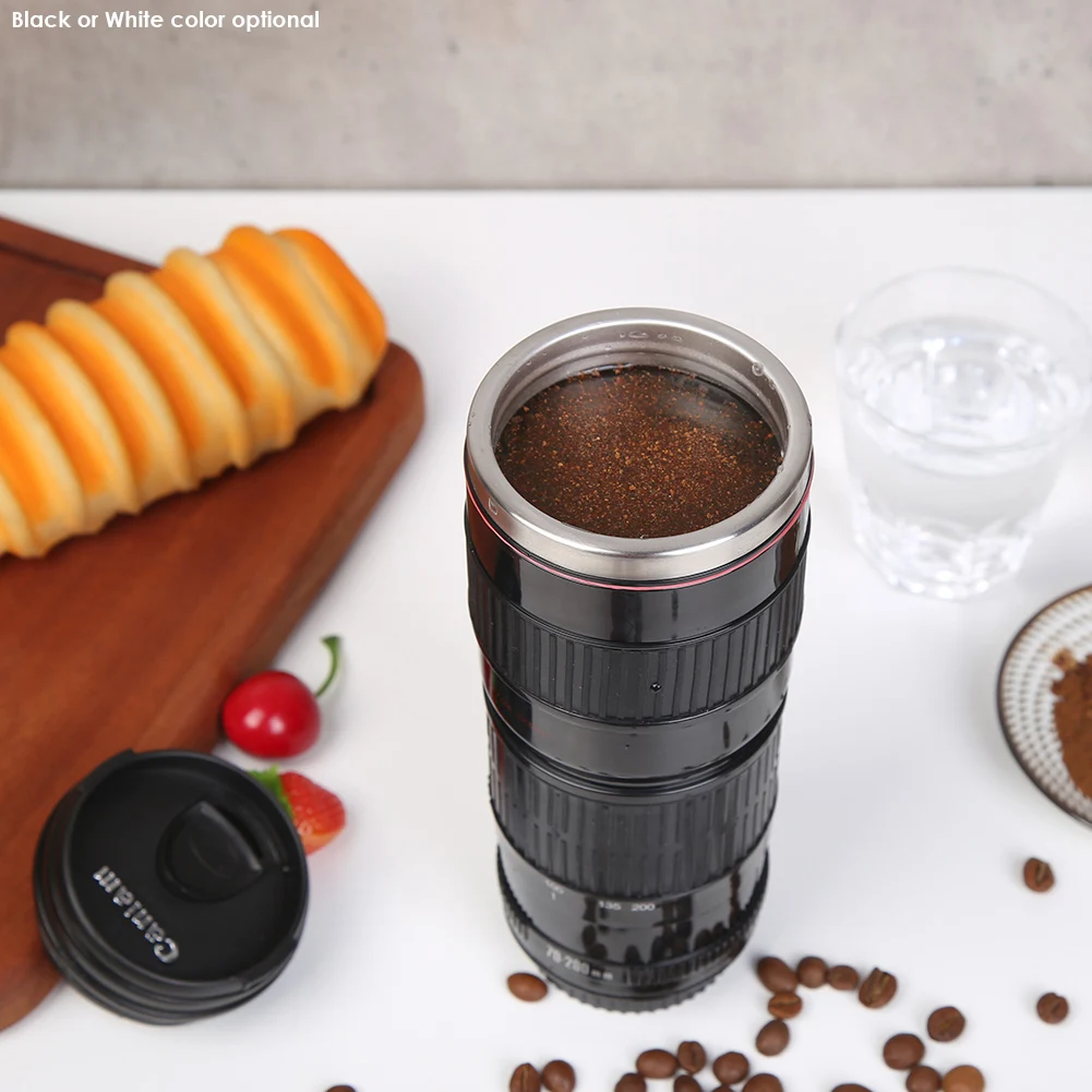400mL Stainless Steel Coffee Tea Mug Camera Lens Shaped Water Cup with Lid Gifts