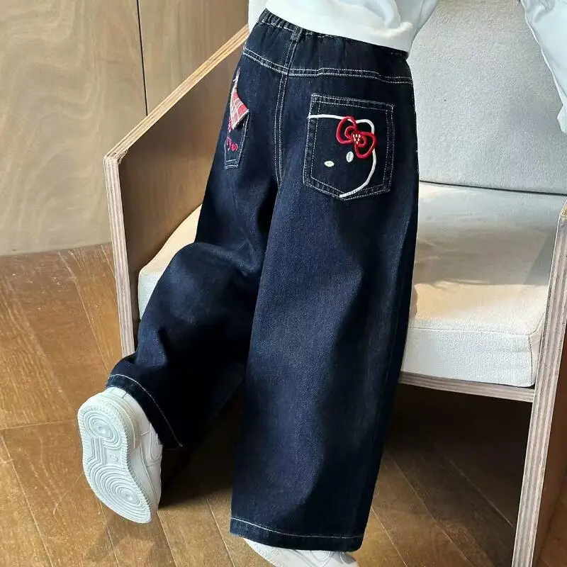 

Джинсы Sanrio Hello Kitty, новый стиль, осенняя мода, прямые широкие брюки с мультяшной вышивкой для девочек, детские повседневные брюки, модные хит продаж