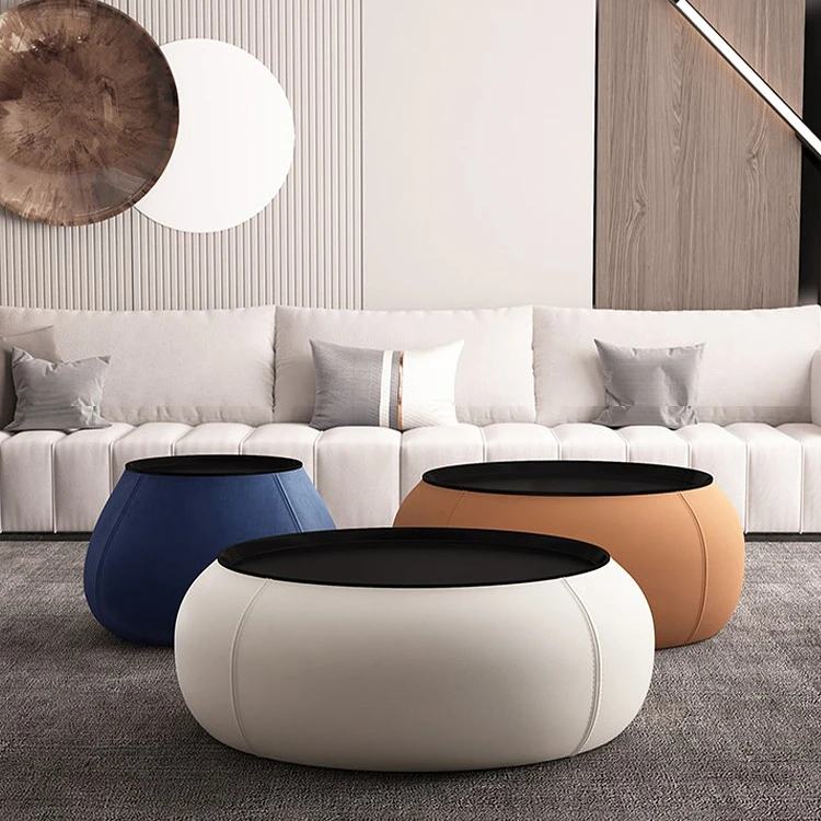 AUXFORD FURNITURE italian luxury design leather coffee table set round shape wooden top living room center table with storage