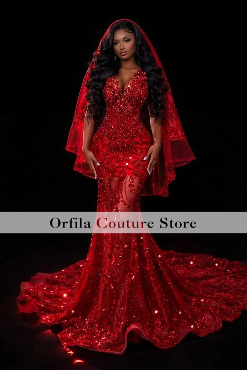 Black Girls Mermaid Prom Dresses WithVeil 2026 Sequin Beading Mermaid Party Gowns Sweetheart Evening Dress Customized