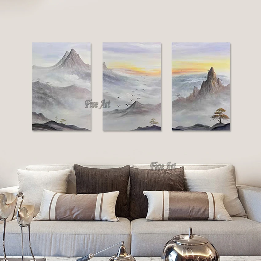 High Quality Beautiful Modern Art Chinese Landscape Painting Custom Artwork 3 Piece Canvas Hotel Wall Pictures Import Home Decor