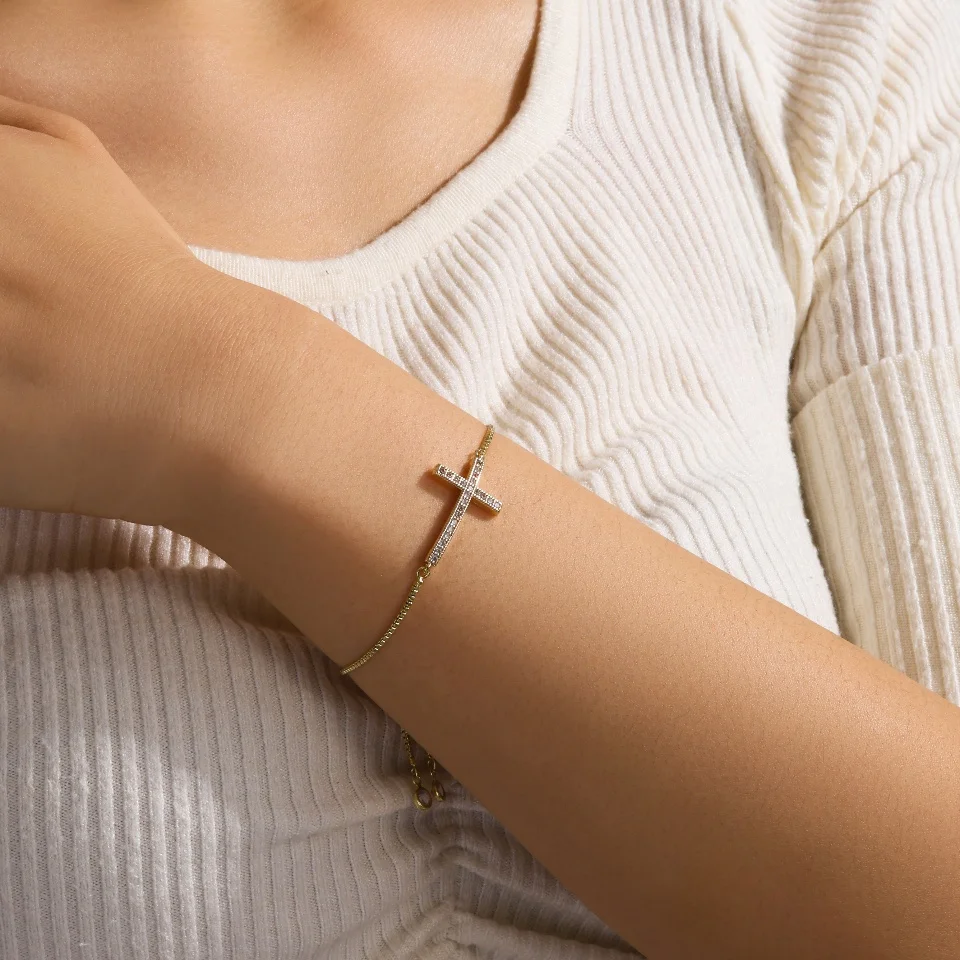 ZAKOL Personalized Simple Micro-set CZ Zircon Link Bracelet For Women Adjustable Copper Cross Design Daily Party Jewelry Gifts