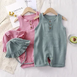 Muslin Summer Baby Jumpsuit with Hat Soft Cotton Baby Girl Boy Clothes Sleeveless Toddler Romper Infant Clothing Newborn Outfit