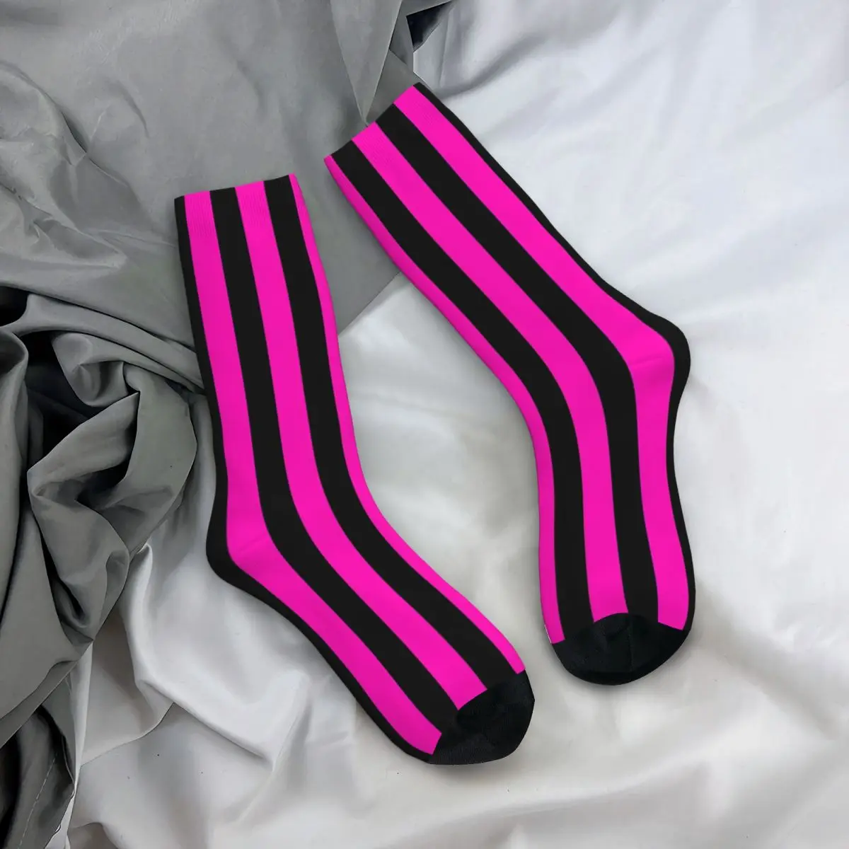 Neon Pink And Black Vertical Stripes Socks Harajuku High Quality Stockings All Season Long Socks for Unisex Christmas Gifts