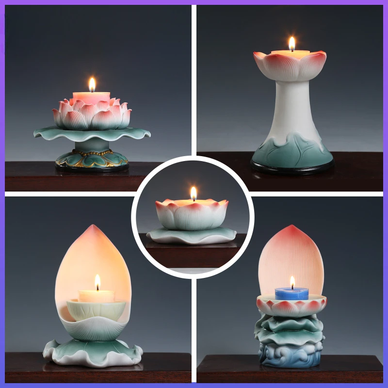 

Lotus Shape Lamp Holder Handmade Ceramic Blue Red Butter Lamp Small Household Candle Holder Retro Buddhist Holder Simple Modern