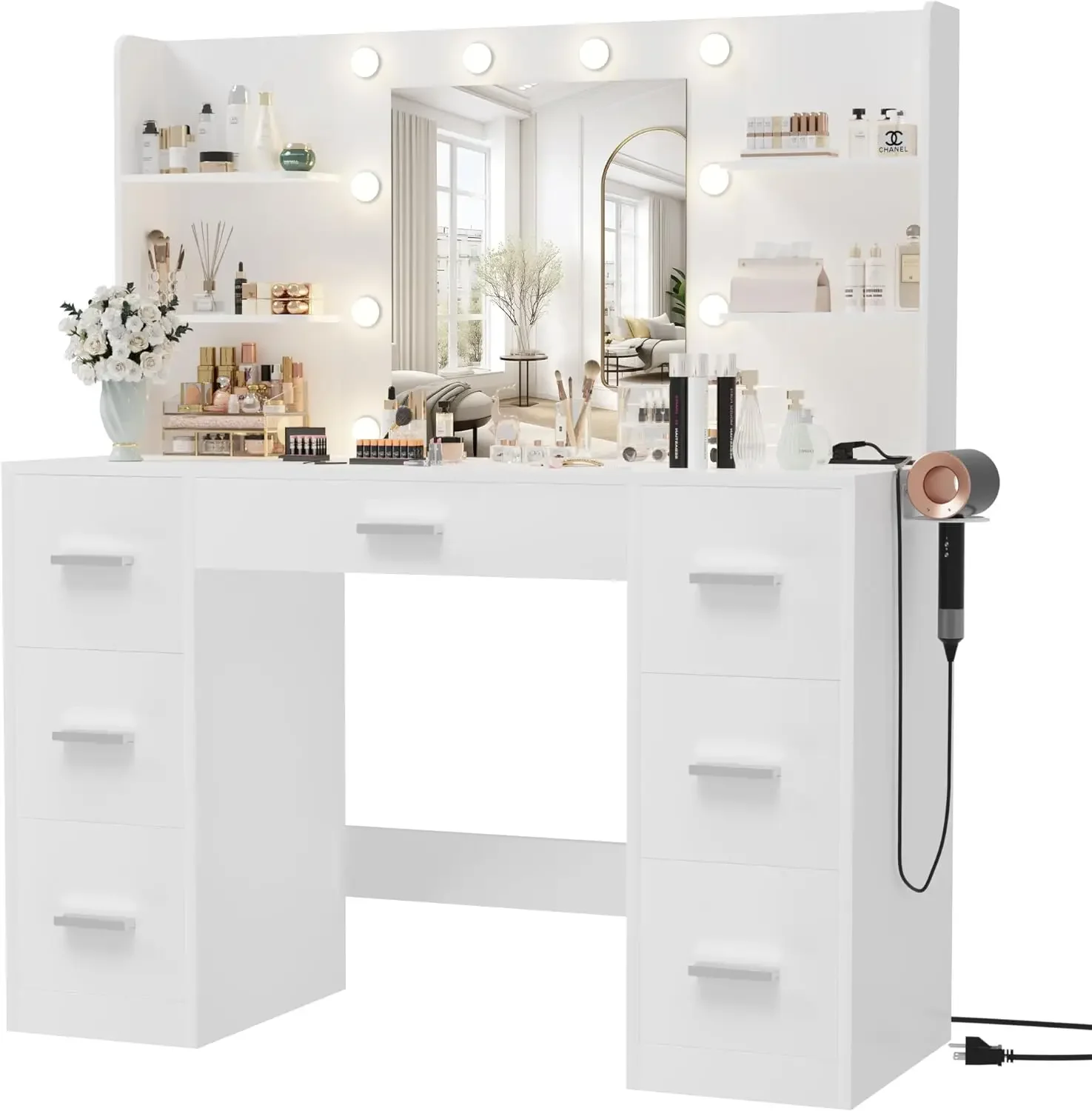 

Vanity Desk with Mirror, LED Lights and Power Outlet Makeup Vanity Table with 7 Drawers and 6 Storage Shelves Dressing Table
