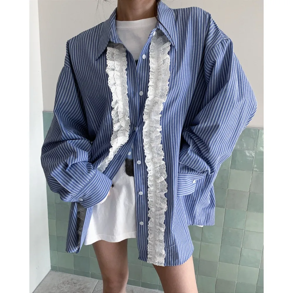 

SuperAen Korean Style Sweet Lace Patchwork Striped Shirt for Women 2026 Spring New Oversize Single-breasted Casual Tops