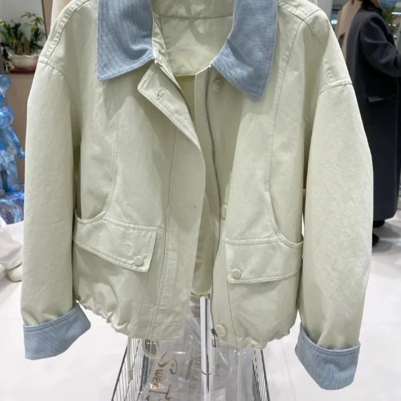 

Women Clothing Spring Autumn Fashion Korean Zipper Color Blocking Polo Collar Female Trend Pocket Cardigan Loose Appear Thin Coa