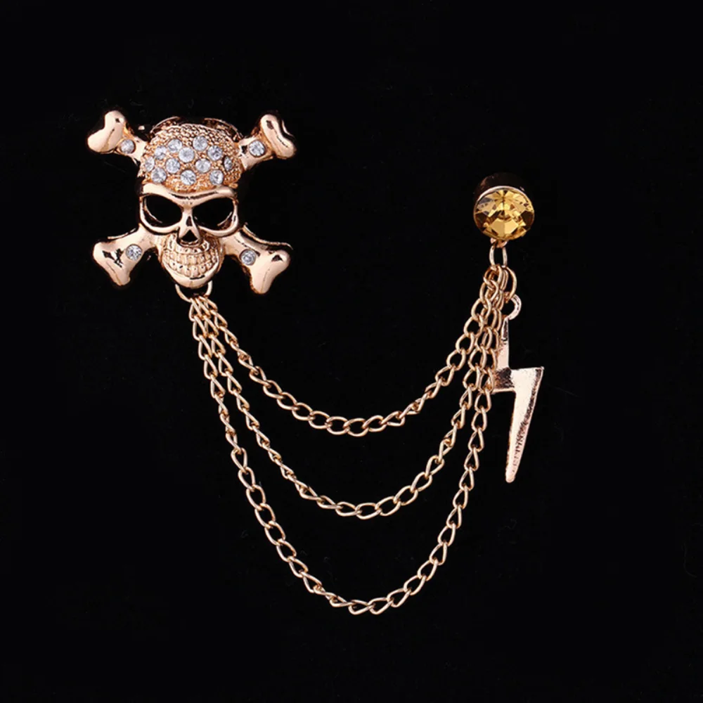 Exaggerated Personality Skull Halloween Accessories Vintage Lightning Chain Full Diamond Brooch