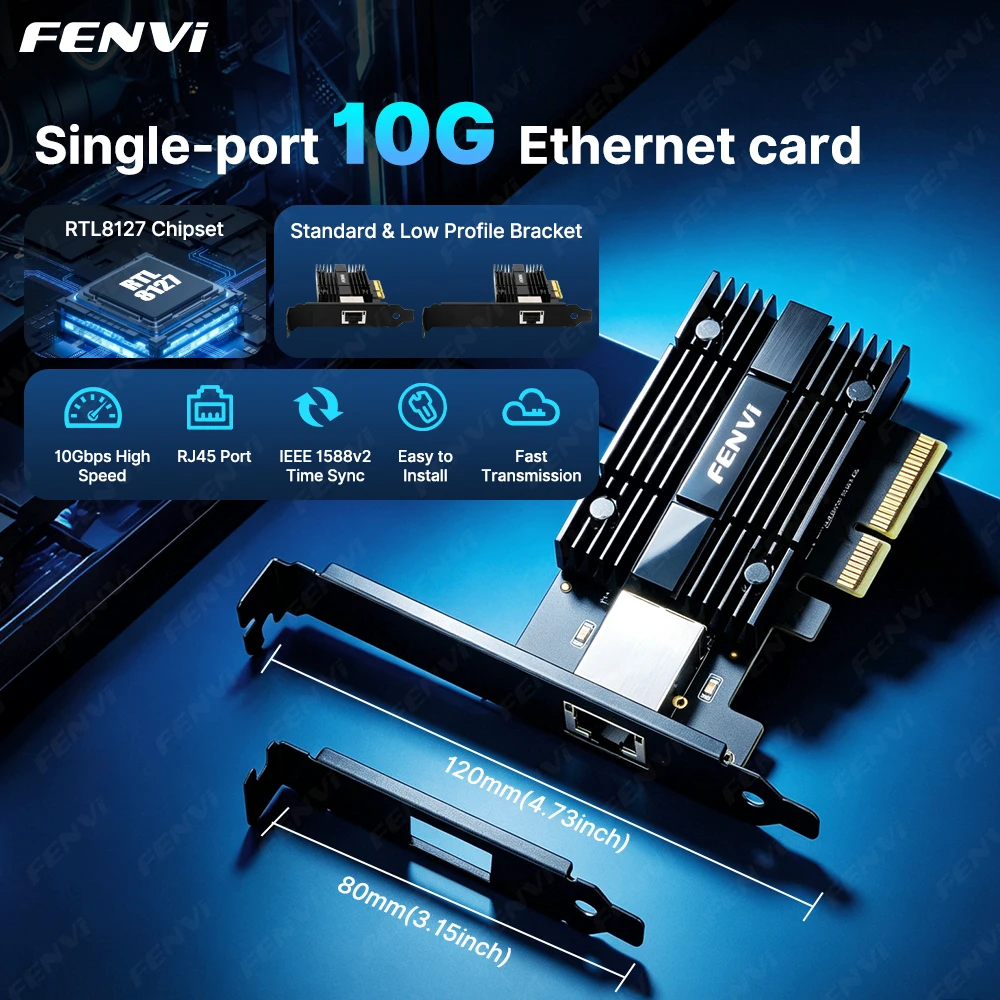 FENVI 10Gb PCIe 3.0 X4 Network Card RTL8127 RJ45 Ethernet Lan Adapter Multi-Gig 10G/5G/2.5G/1Gbps for Desktop PC Windows/Linux