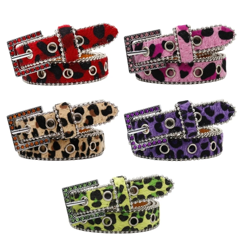 Unique Waist Belt Leopard Print Chain for Cowboy Cowgirl Stylish Rhinestones Retro Studded Buckle Waist Chain Belt