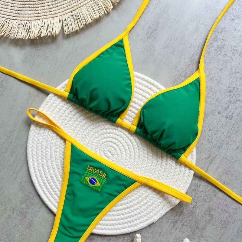

Brazilian Swimsuit Women's Sexy 2 Pieces Mini Bikini Set Triangle Halter Backless Thong Beach Bathing Suit Summer 2025 New Style