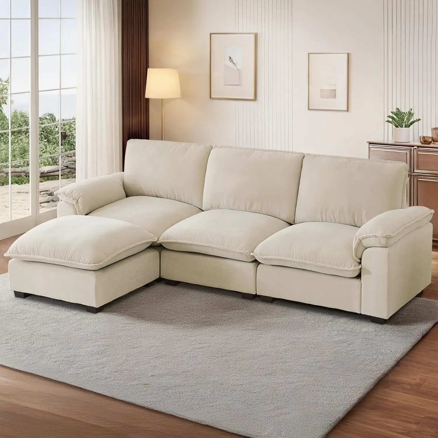 

Cloud Couch Sectional for Living Room L Shaped Couch Modular Sectional Sofa Chenille Fabric for Apartment Ivory Beige