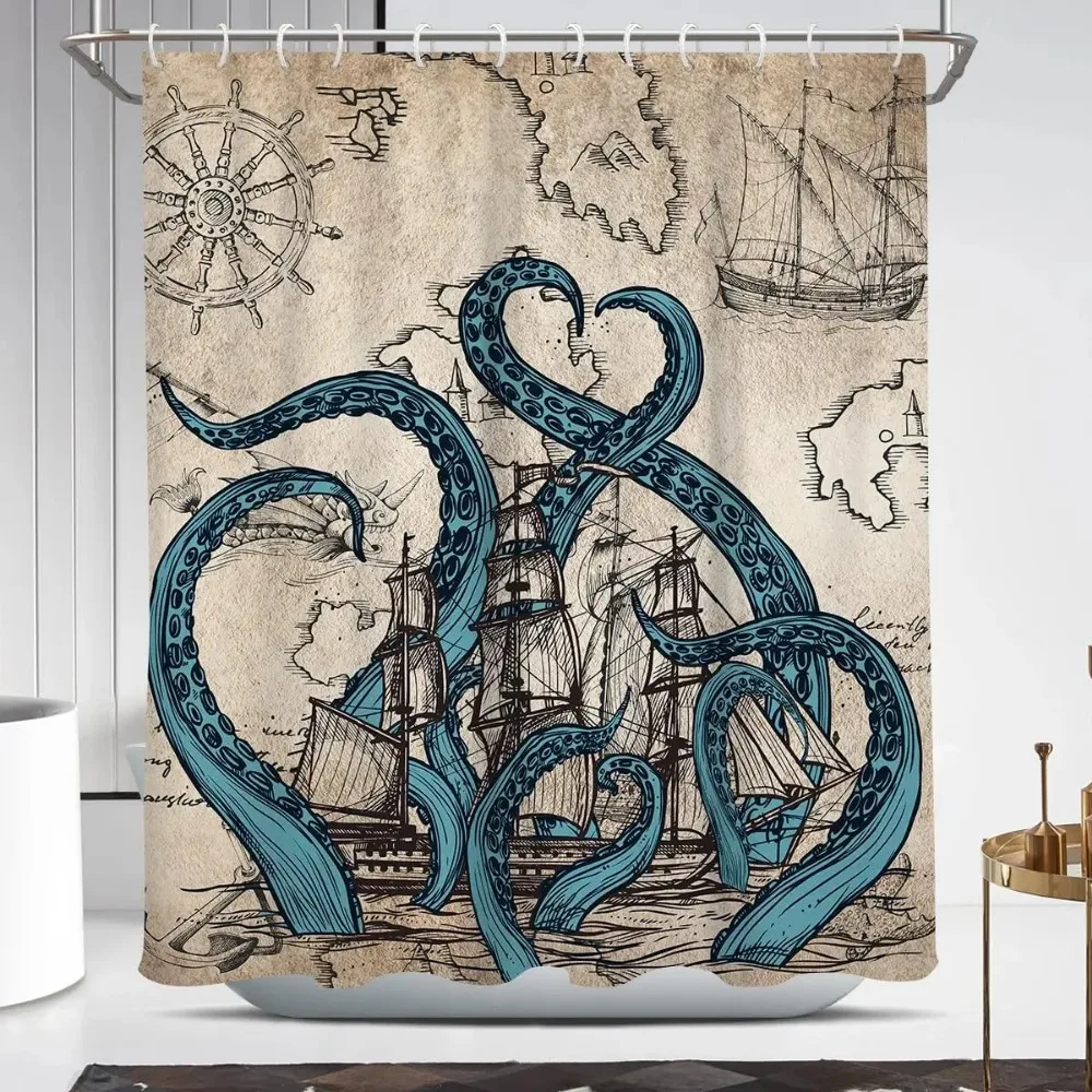 

Vintage Octopus World Map Printed Shower Curtain Nautical Pirate Ship Artwork for Cool Bathroom