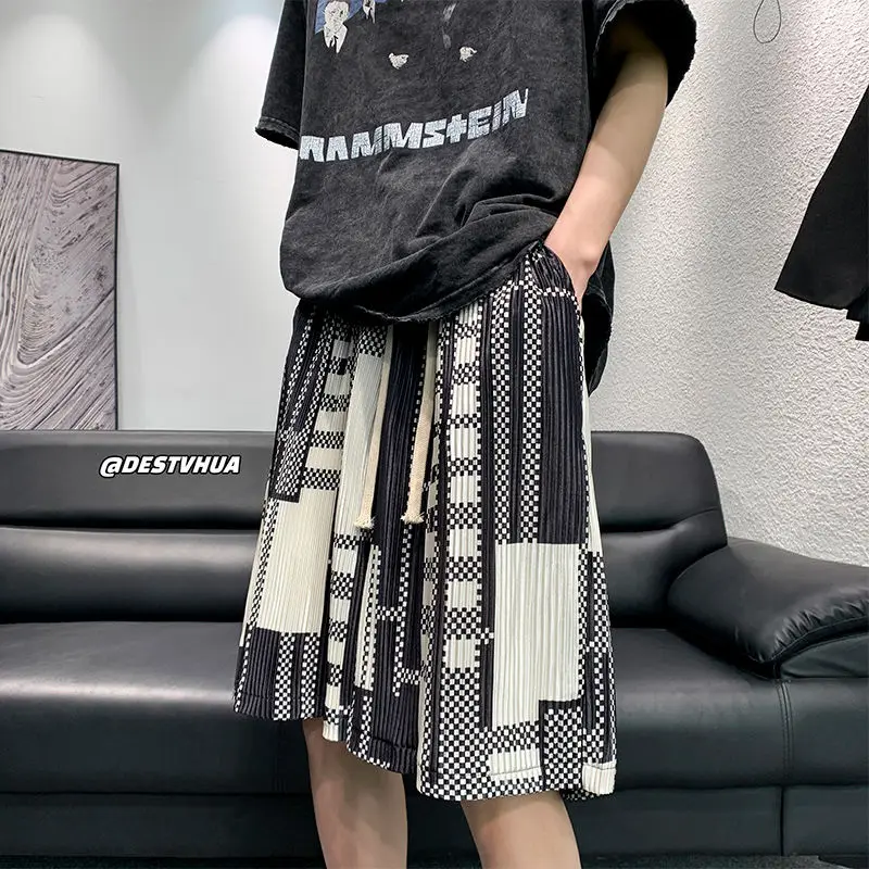 Summer New Men\'s Plus Size Pleated Ice Silk Casual Shorts Elastic Waist Print Loose All-match Shorts Vintage Casual Men Clothing