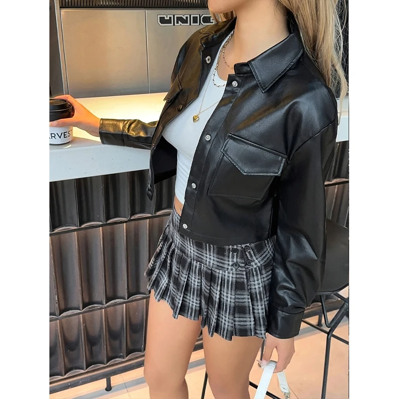 الخريف الشتاء المرأة فو الجلود اقتصاص سترة العصرية الأسود موتو السائق سترة قصيرة الأزياء بو معطف حزب سترة #4