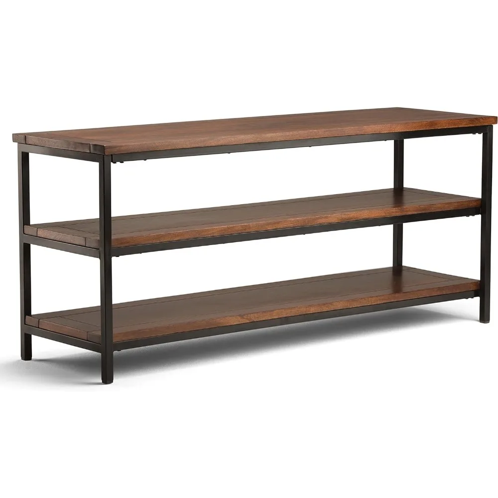 Skyler SOLID MANGO WOOD 60 Inch Wide Industrial TV Media Stand in Dark Cognac Brown for TVs up to 65 Inches