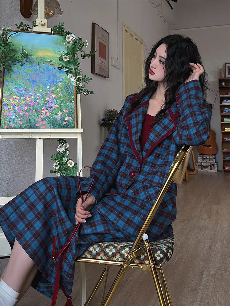 Korean Two Piece Set Skirt  Retro Windbreaker Female Design Stitching Color Contrast Plaid Spring Autumn Casual Women