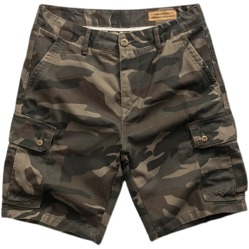 Heavyweight summer 100% cotton camouflage men workwear half pants American loose straight casual pocket washed cargo shorts