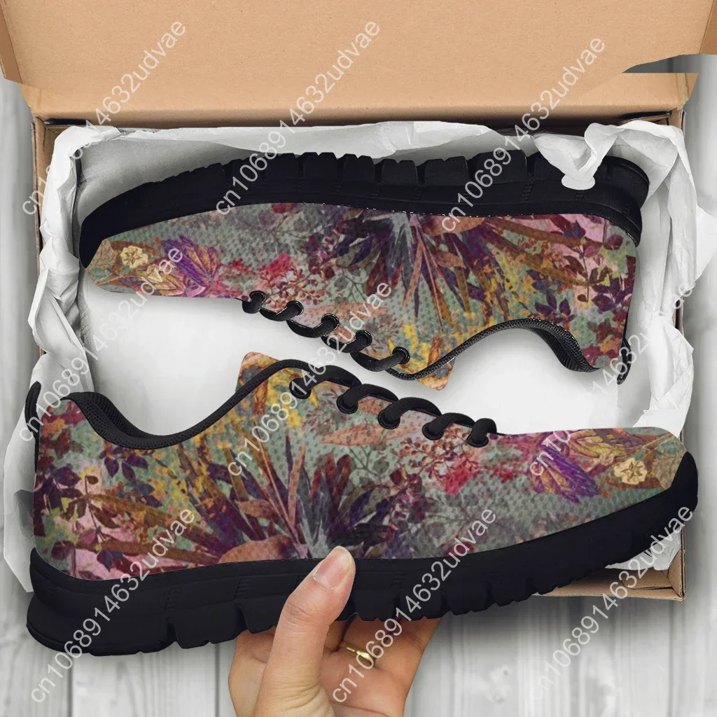 Pretty Dark Tropical Flower Print Ladies Sport Sneakers Breathable Lace up Flat Shoes for Women Comfort Zapatillas