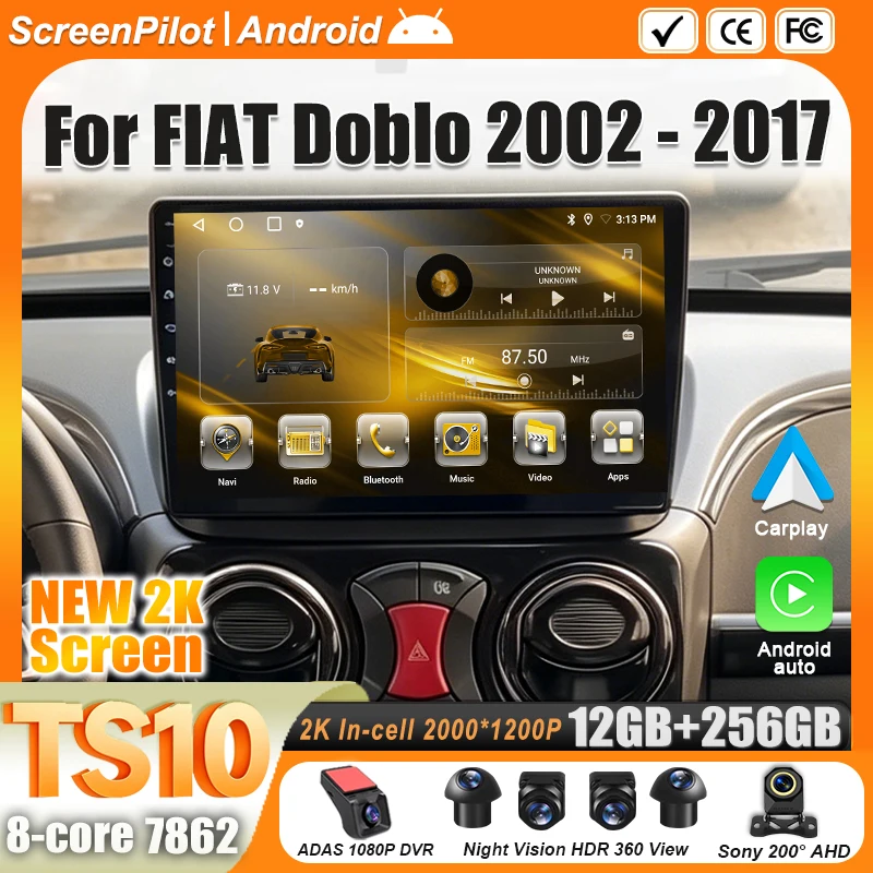 Android 16 For FIAT Doblo 2002 2003 2004 2005-2017 Car Radio 2 Din Multimedia Video Player GPS Navigation Bluetooth 8 Core 5G