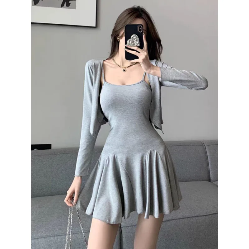 Strap Dress Cardigan Set Spring Autumn a Complete Set Girls Look Slimmer Paired with Dresses Short Coat No Button Two Piece Sets