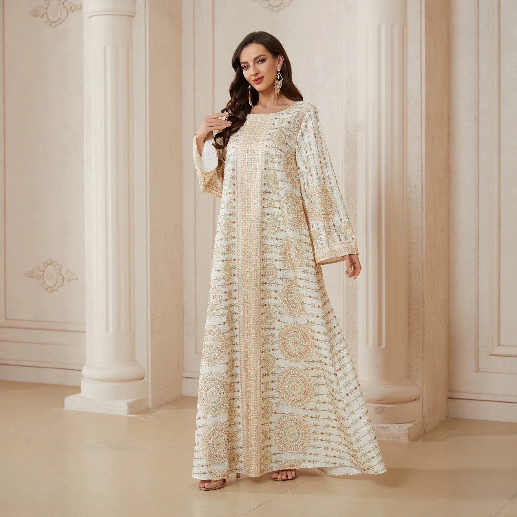 O-neck Diamond Studded Sparkly Casual Elegant Trendy Daily Loose A-line Abaya Dress Middle East Muslim Fashion Female Jalabiya