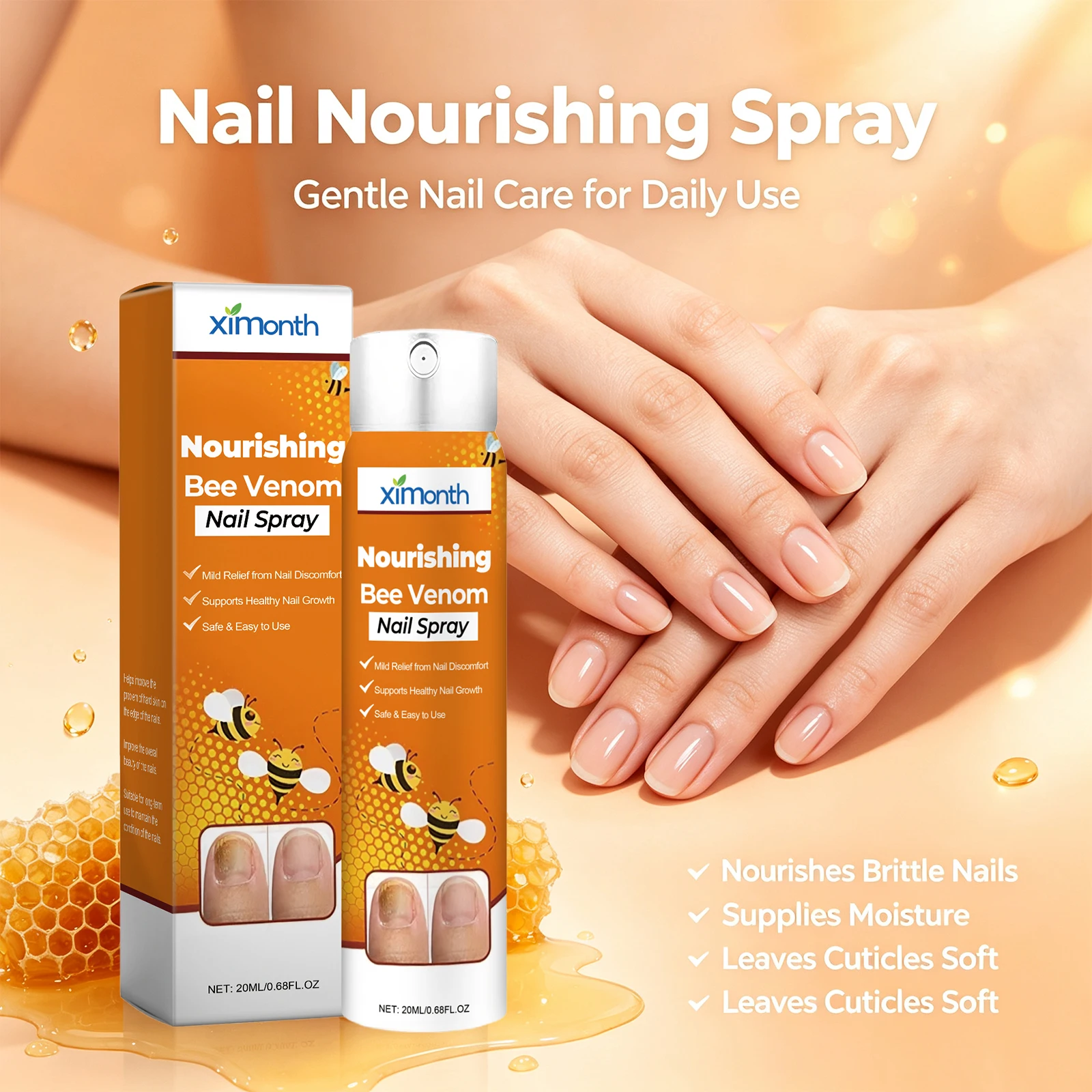 Bee Venom Nourishing Nail Spray for Weak Brittle Nails Improve Rough Discolored Nails Strengthens and Moisturizing Nails Care
